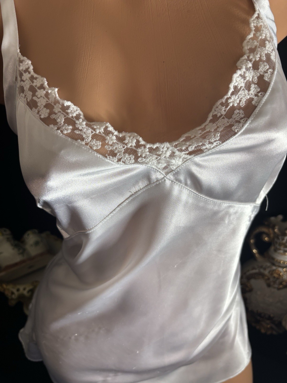 VTG Satin Soft WEDDING WHITE Cami TOP BLOUSE NIGHTEI FRILLY CD camisole
