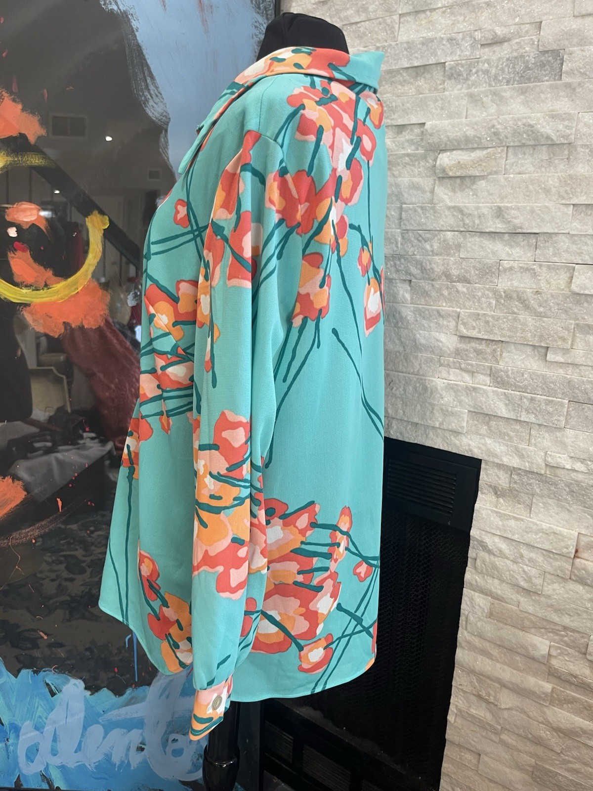Vintage 1970s Groovy Loud Button Up Shirt Size Large Teal Blue Floral