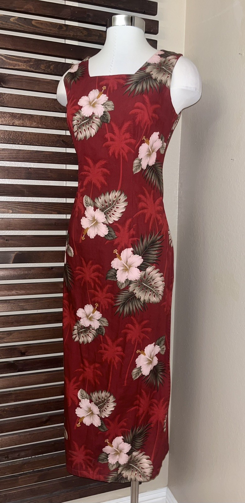 1990s 90s Vintage Red Hibiscus Floral Hawaiian Sleeveless Maxi Dress Side Slit S