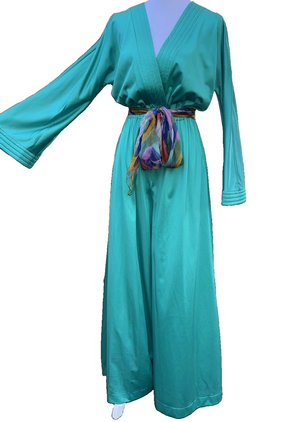 Vtg VANITY FAIR Palazzo Pants Jumpsuit 12 Green Hostess Wide Leg 60s 70s Nylon L