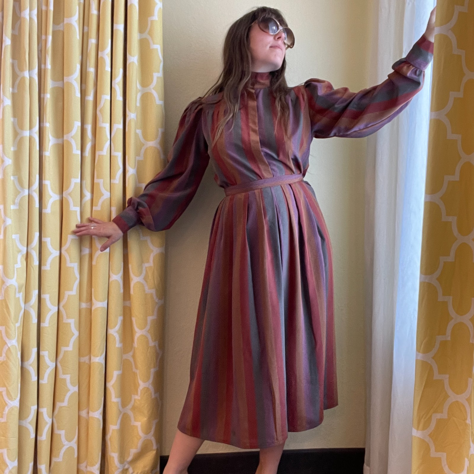 Vintage 70s Retro Secretary Blouse Regina Porter Striped 2 Piece Skirt Set XS/S