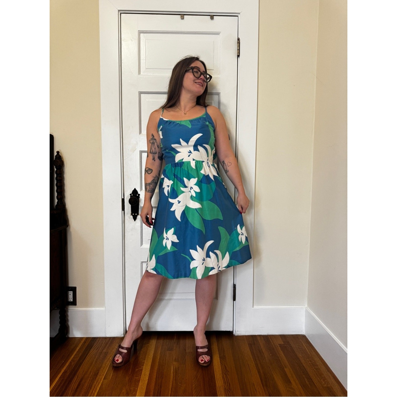70s Vintage Malia Hawaii Green White and blue Fit and Flare Floral Dress Sz SM
