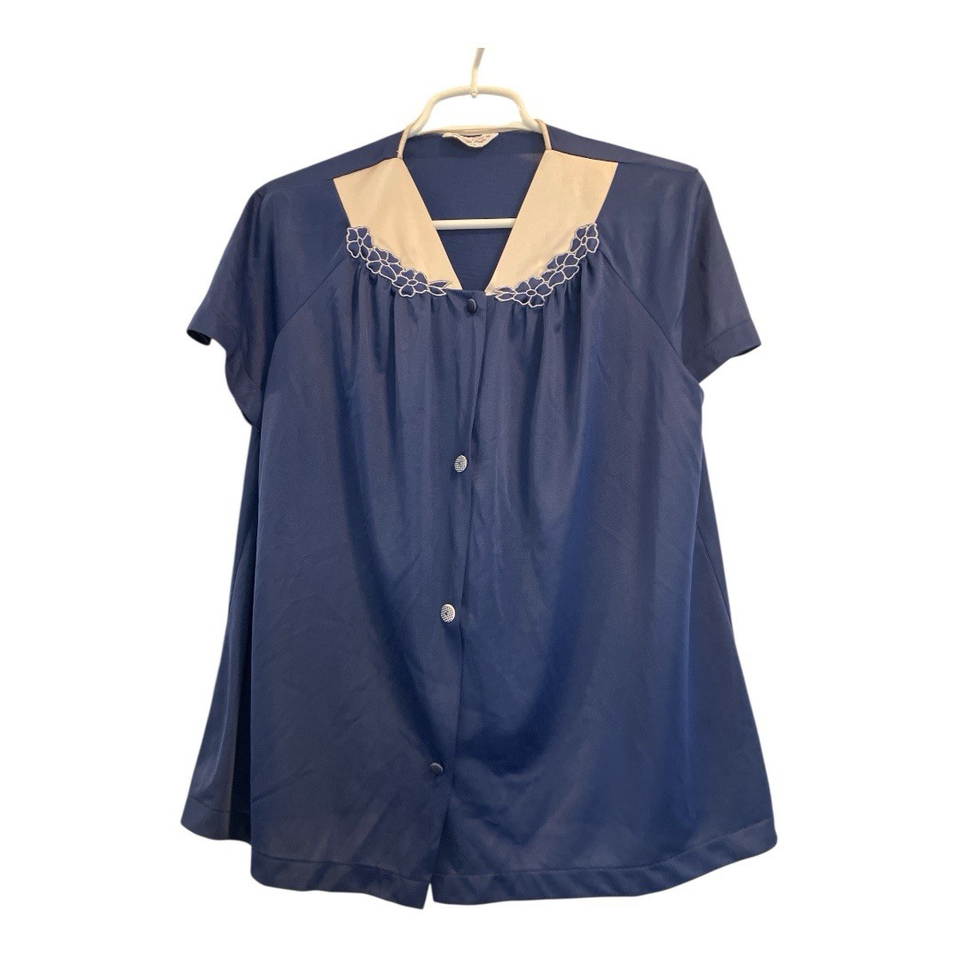 Vanity Fair Blue 2pc. Silky Nylon Pajama Set Short Sleeve Size Med USA Vintage