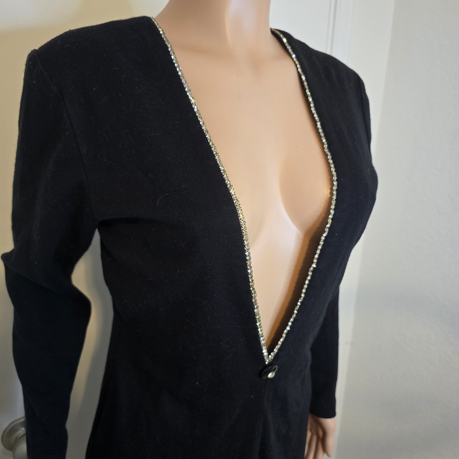 VTG Deep V-Neck Dress Embellished Long Sleeve Black Rhinestones Approx Sz L