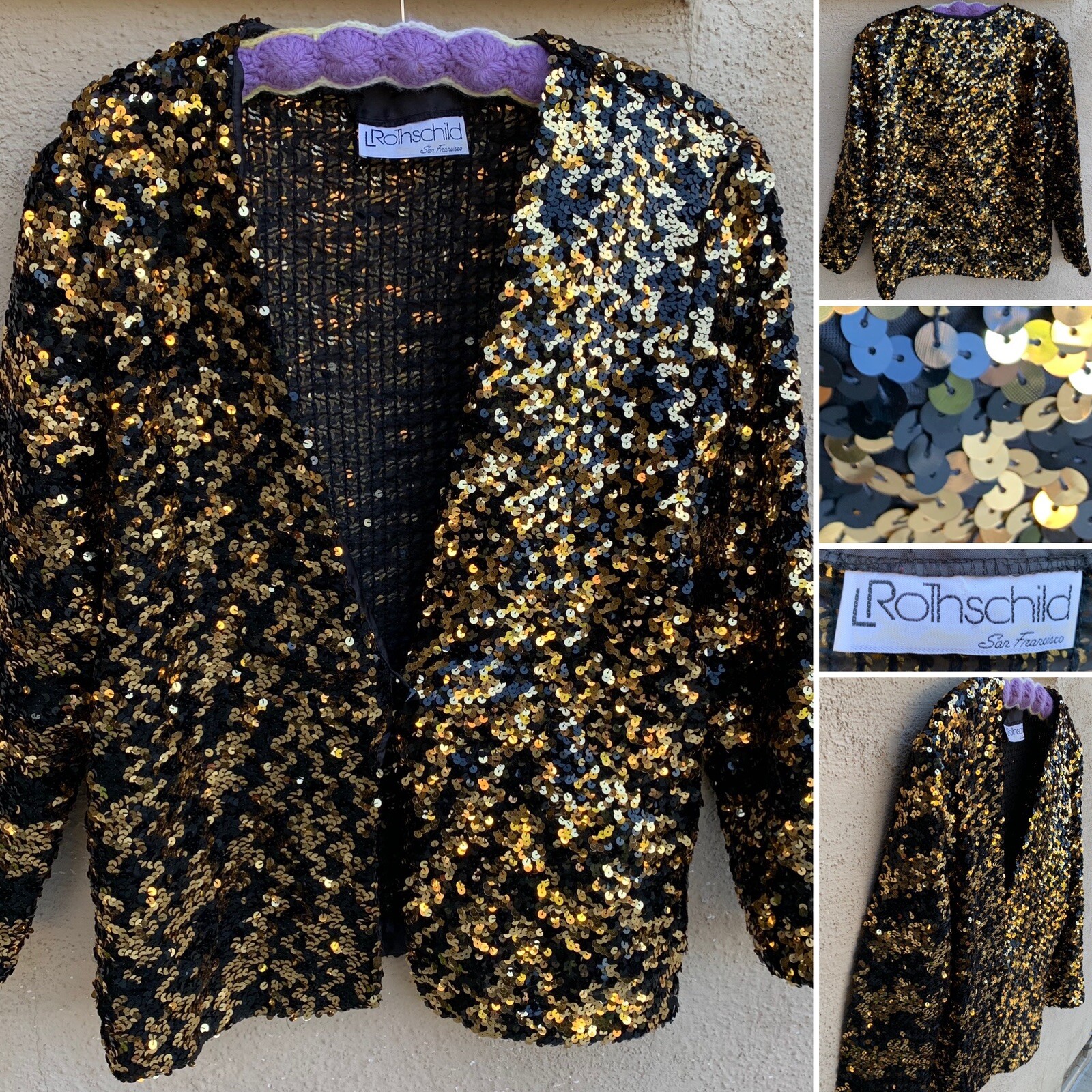 Vintage L Rothschild San Francisco Sequin Jacket Black & Gold M/L 70s? 80s?