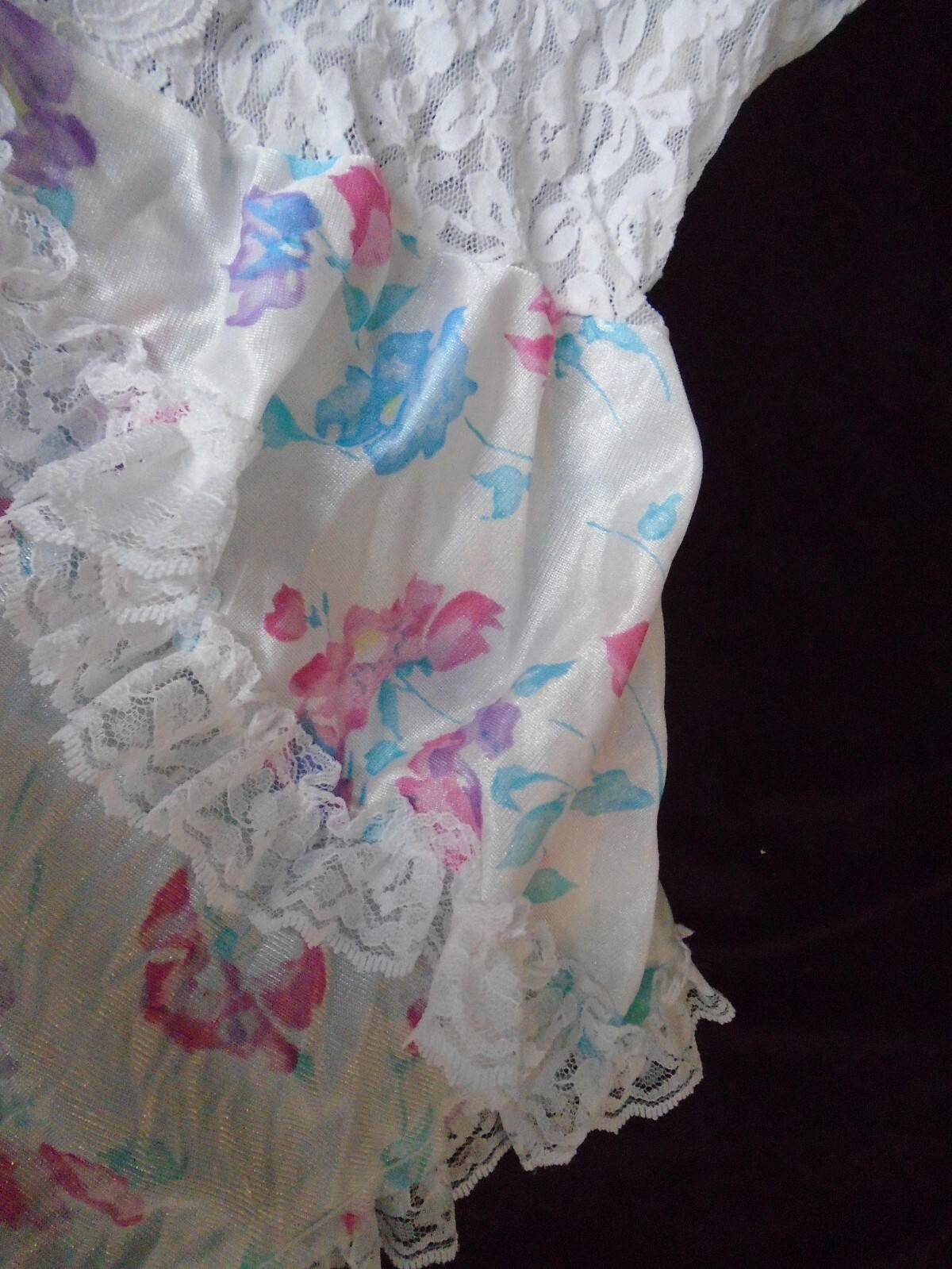 Sexy Sheer White Lace & Floral Vtg 80s NATALIE CREATIONS Lingerie Top Nightie L