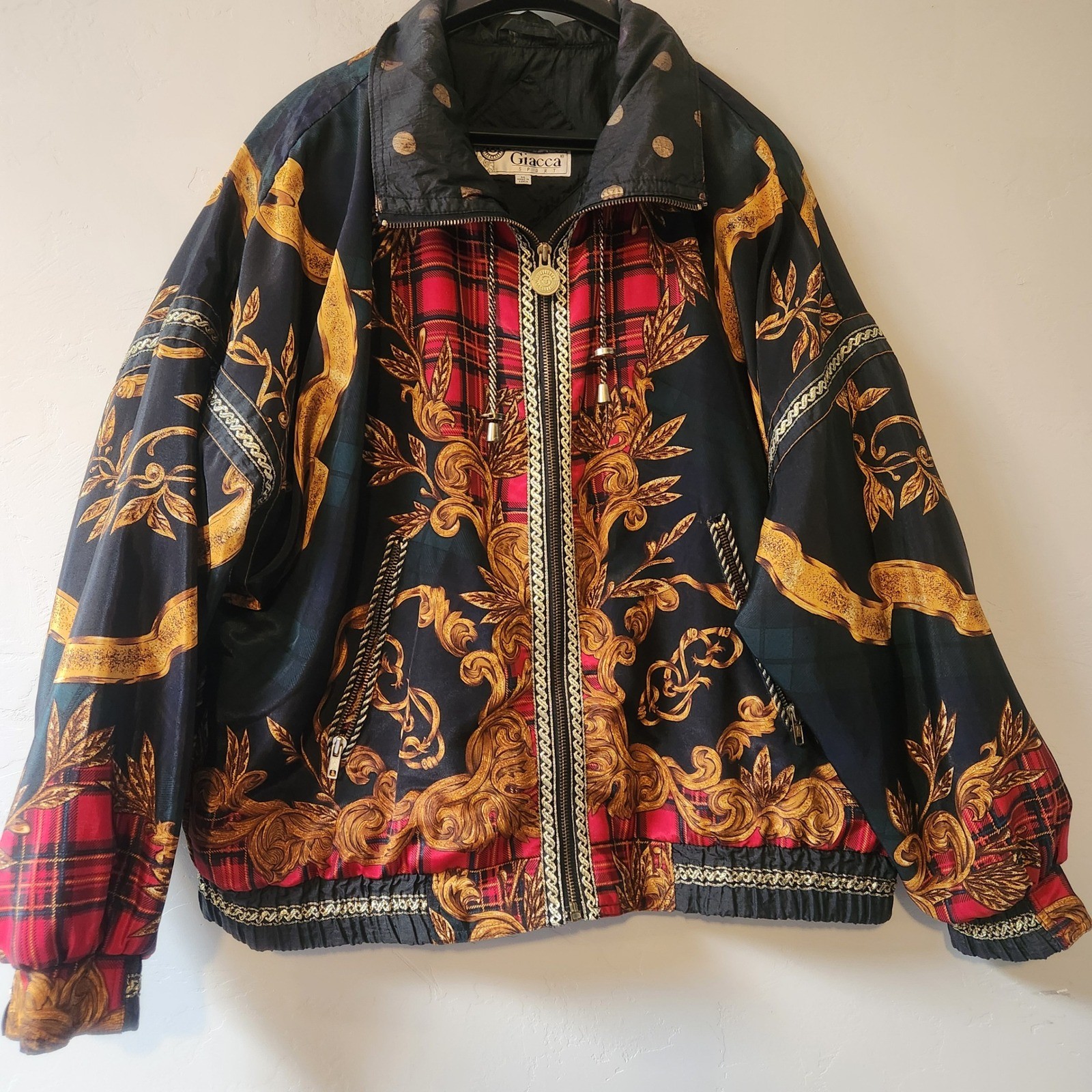 Vintage Giacca Sport Jacket Medium Black Gold Plaid Baroque Puffer Zip Up Plaid