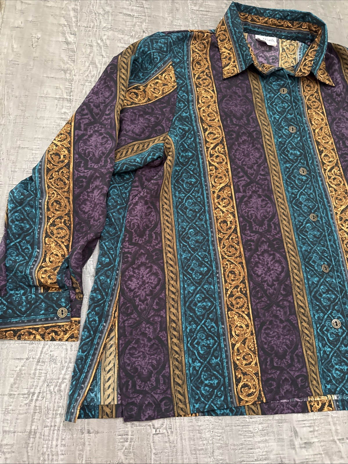 Vintage Bon Worth Blouse Teal Purple Gold button down, long sleeve medium petite