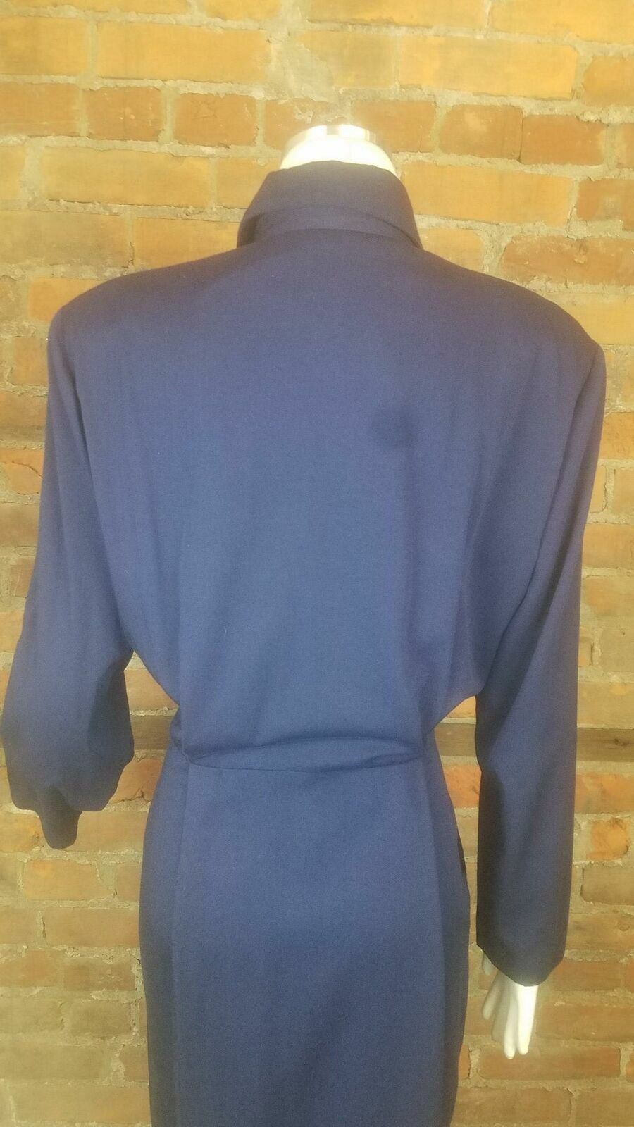Vintage Women’s 80s Dress Navy Shirt Dress Button Front Lg Sleeves Sz L