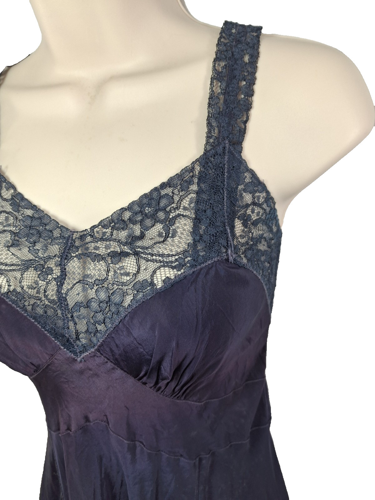 Vintage 50s Sears Charmode Navy Blue Nightgown Slip Dress Lace Trim Size 34