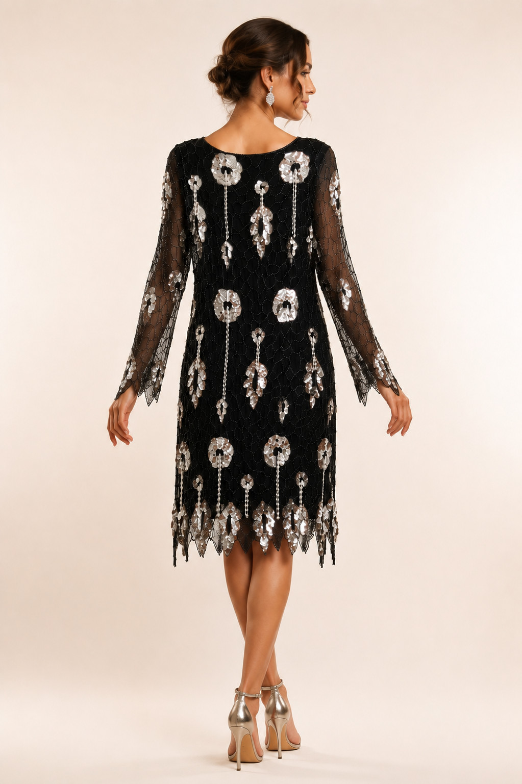 Vintage Black Silver Sequin & Beaded Silk Evening Dress Art Deco Gatsby Size M