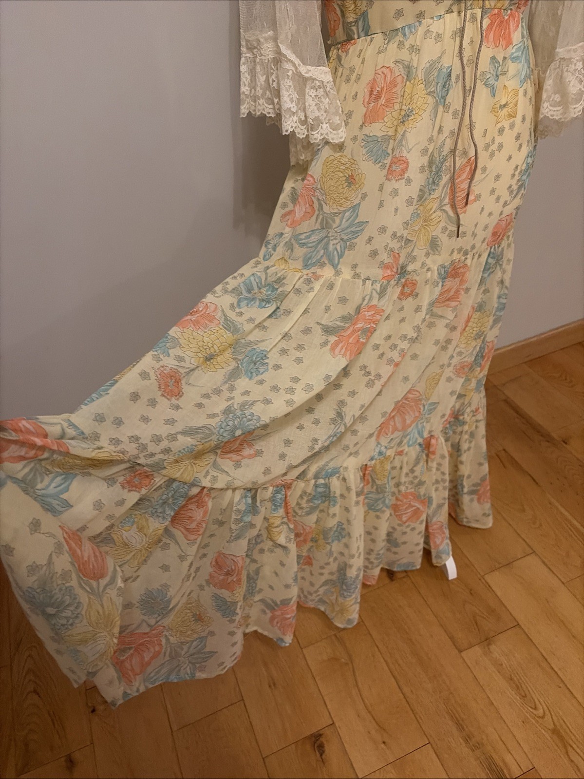 Vintage 70s Long Maxi Prairie Dress Renaissance Cottagecore Fairy Yellow SMALL