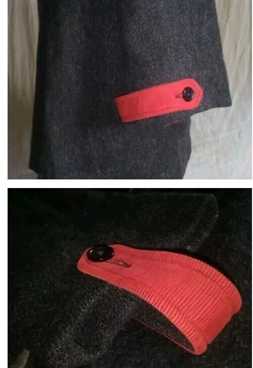 VTG 50s Gray Duffle Coat w/ SCARLET RED COUDEROY TRIM, Hood & Patch Pockets M
