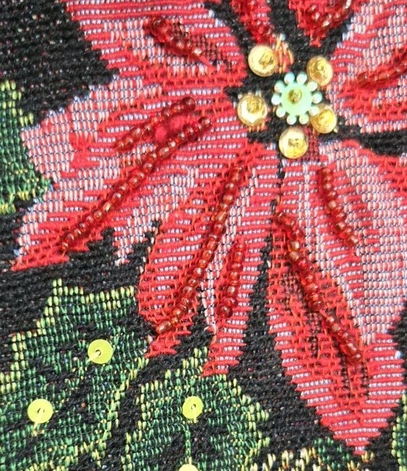Tudor Court Women Sz Lg Denim Poinsetta Print W/ Sequins Jeans Jacket Holiday
