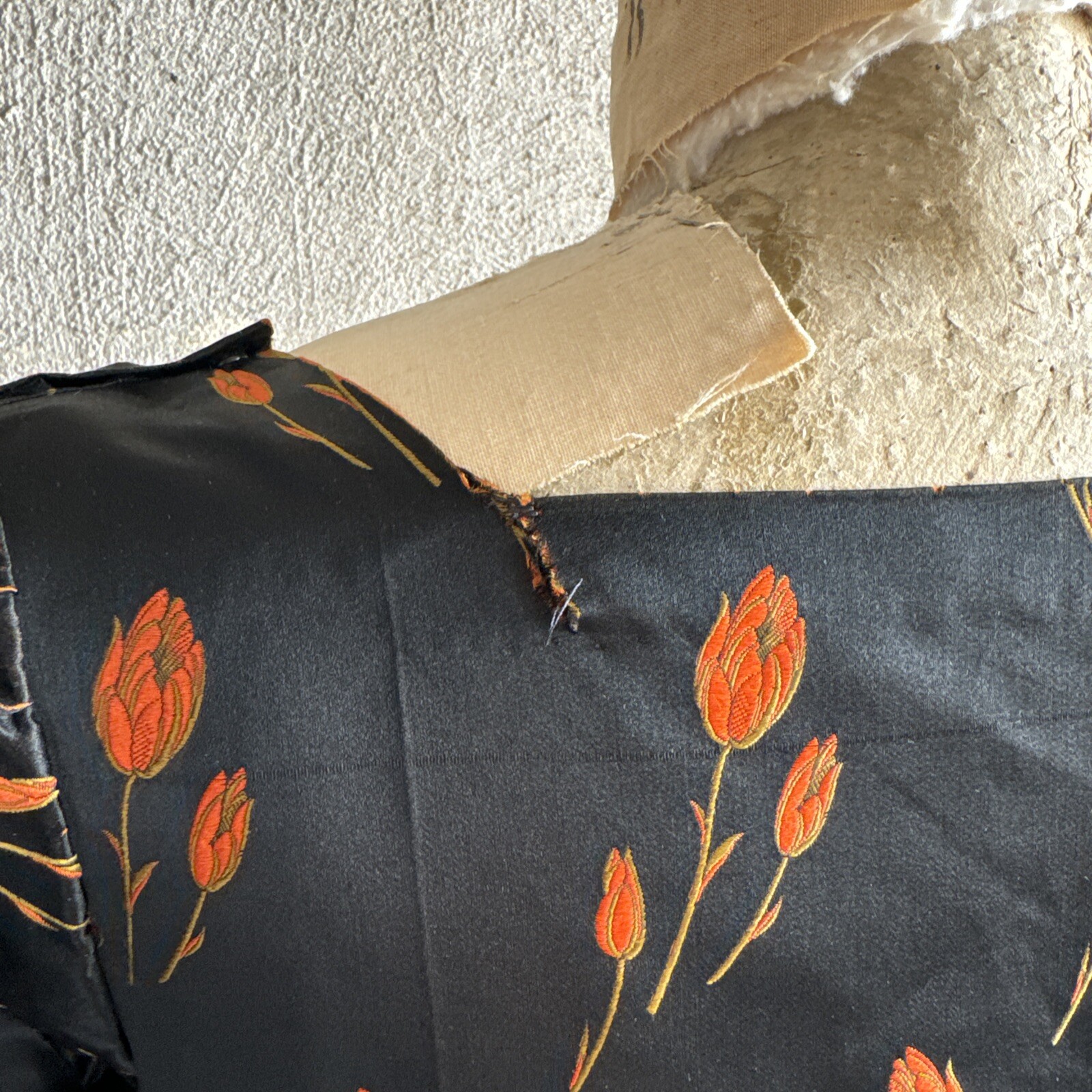Antique 1920s Orange Tulip Silk Brocade Dress 1890s Fabric Full Length Vintage