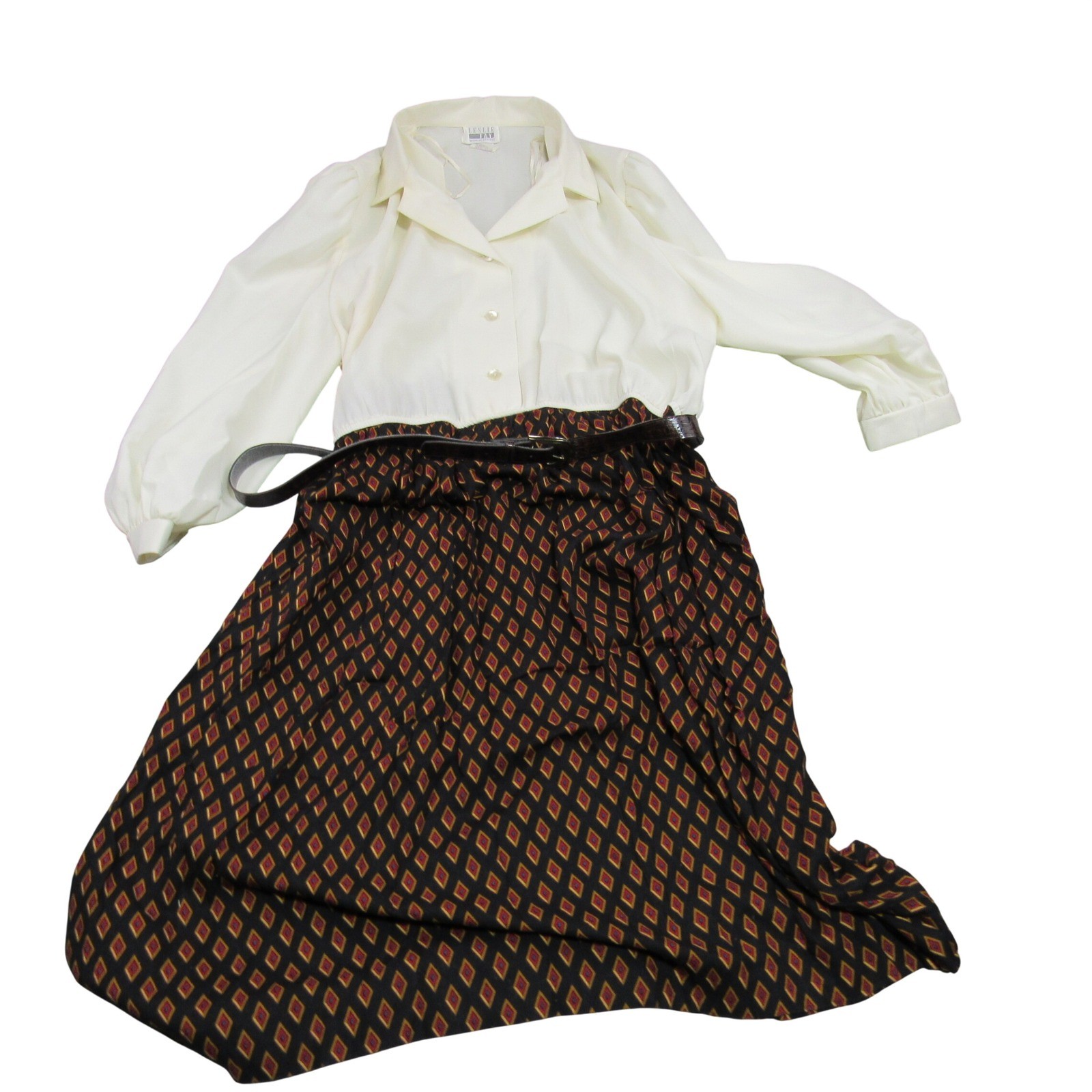 Leslie Fay Vintage Womens Petites Midi Dress Cream Diamond Print Belted Size 20P