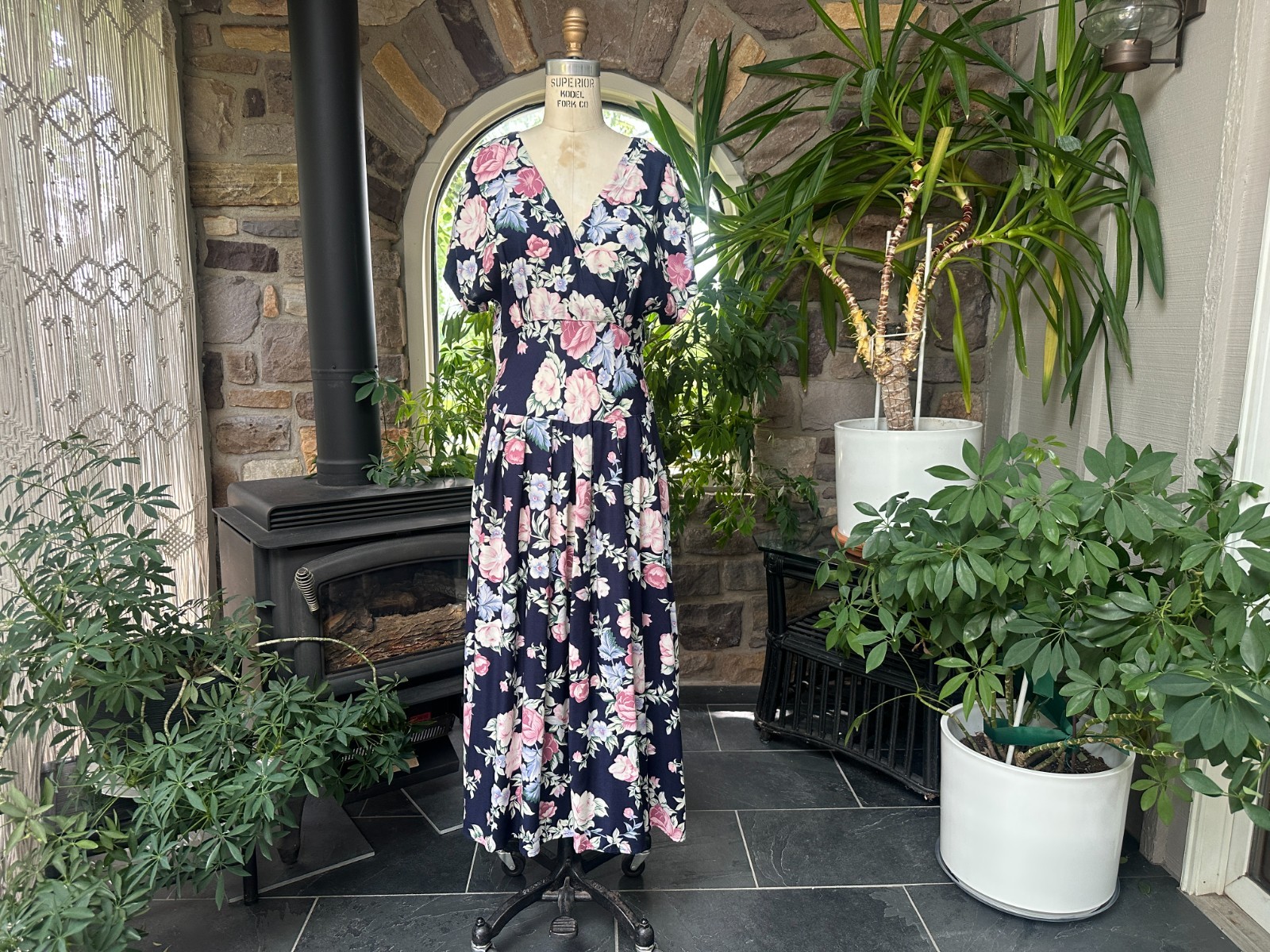 Vintage 1980s Does 1940s Navy Blue and Pink Floral Rayon Drop Waist Dress