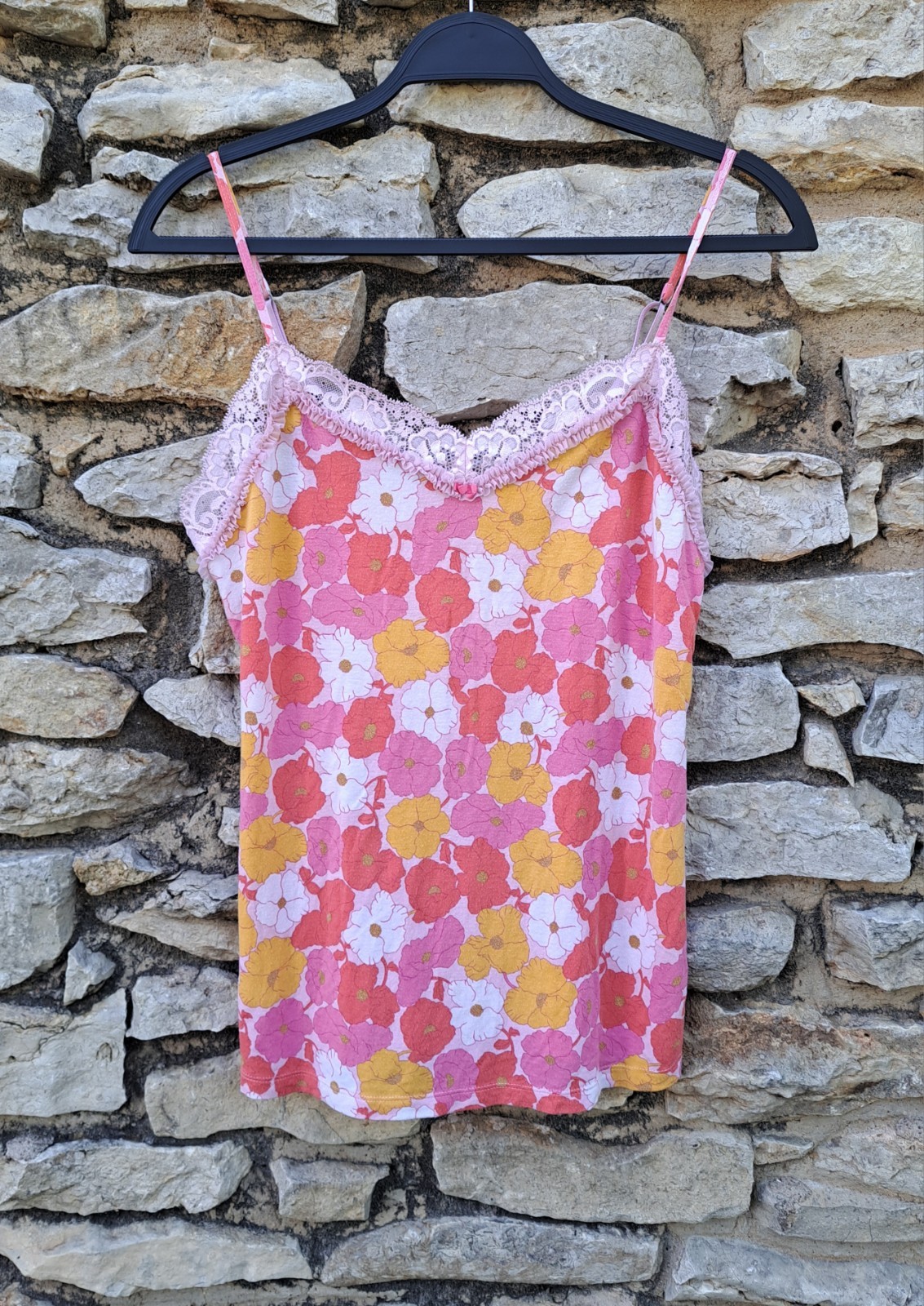 Vtg Victoria’s Secret Camisole Medium Modal Blend Pink Yellow Mod Floral Lace