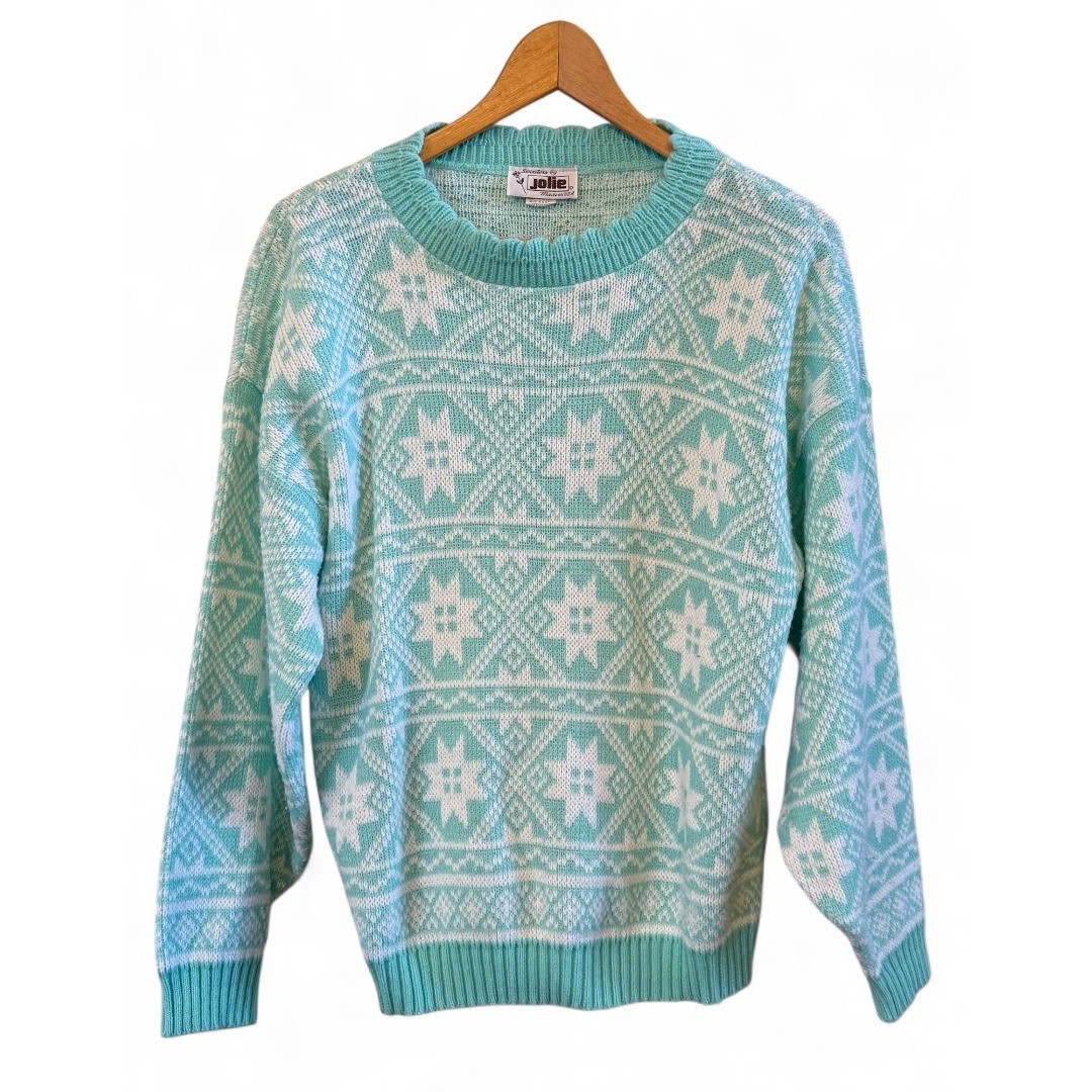 Women’s Mint Green/White Vintage Jolie Winter/Snowflake Scalloped Neck Sweater M