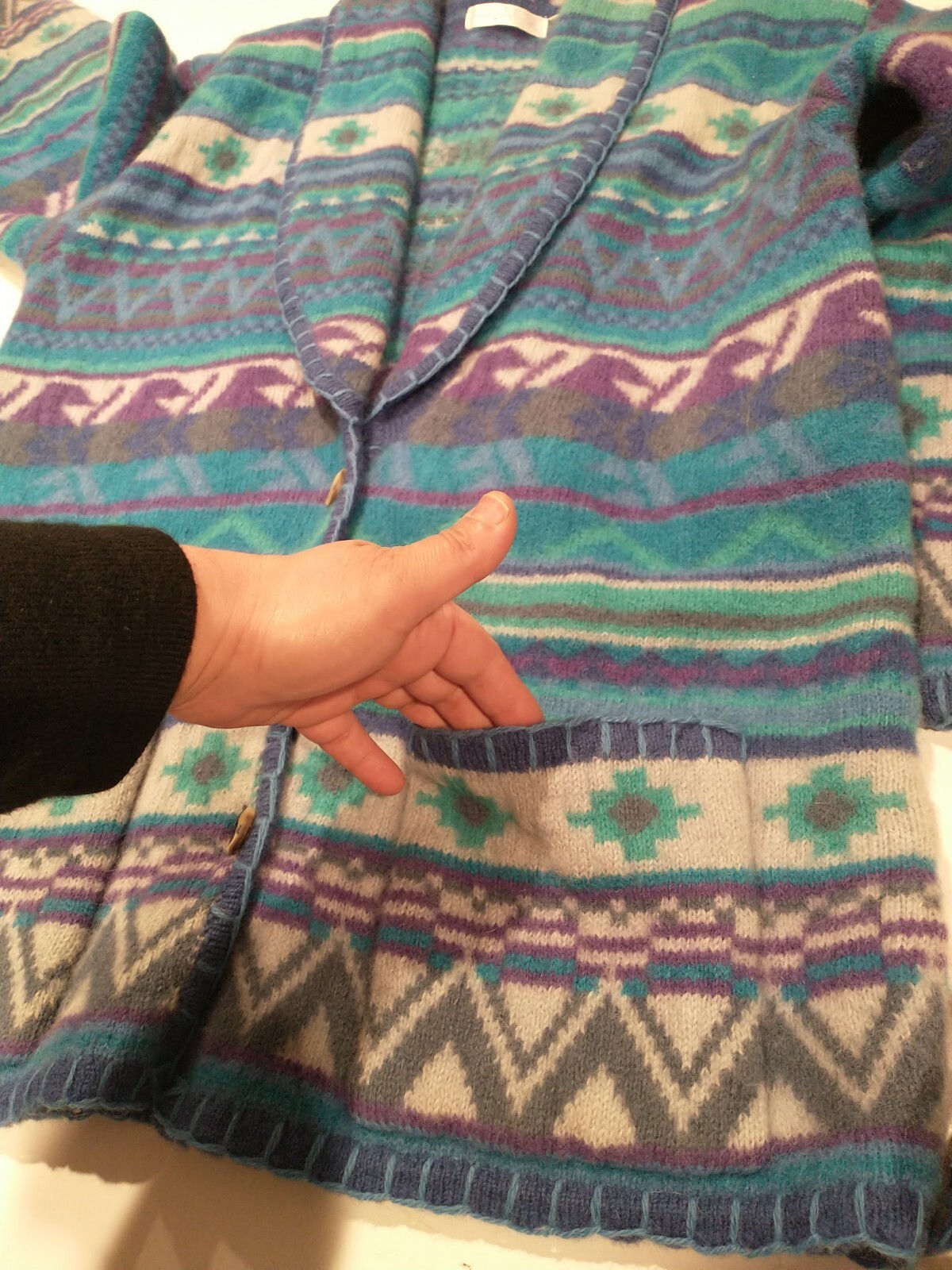 Vintage Segrets Sun Prints 90s Womens Size M Tribal Wool Cardigan Sweater Blue
