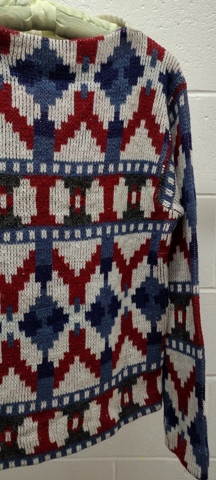 MCM Sweater Mid Century Holiday Burgundy Red White & Blues Mod Mock Neck Crew