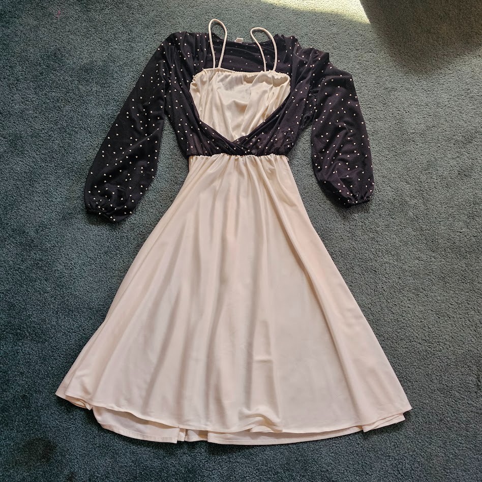 Vtg 70s Disco Hearts Print Bishop Sleeve Blouson Studio 54 Swing Dress XS/S/M