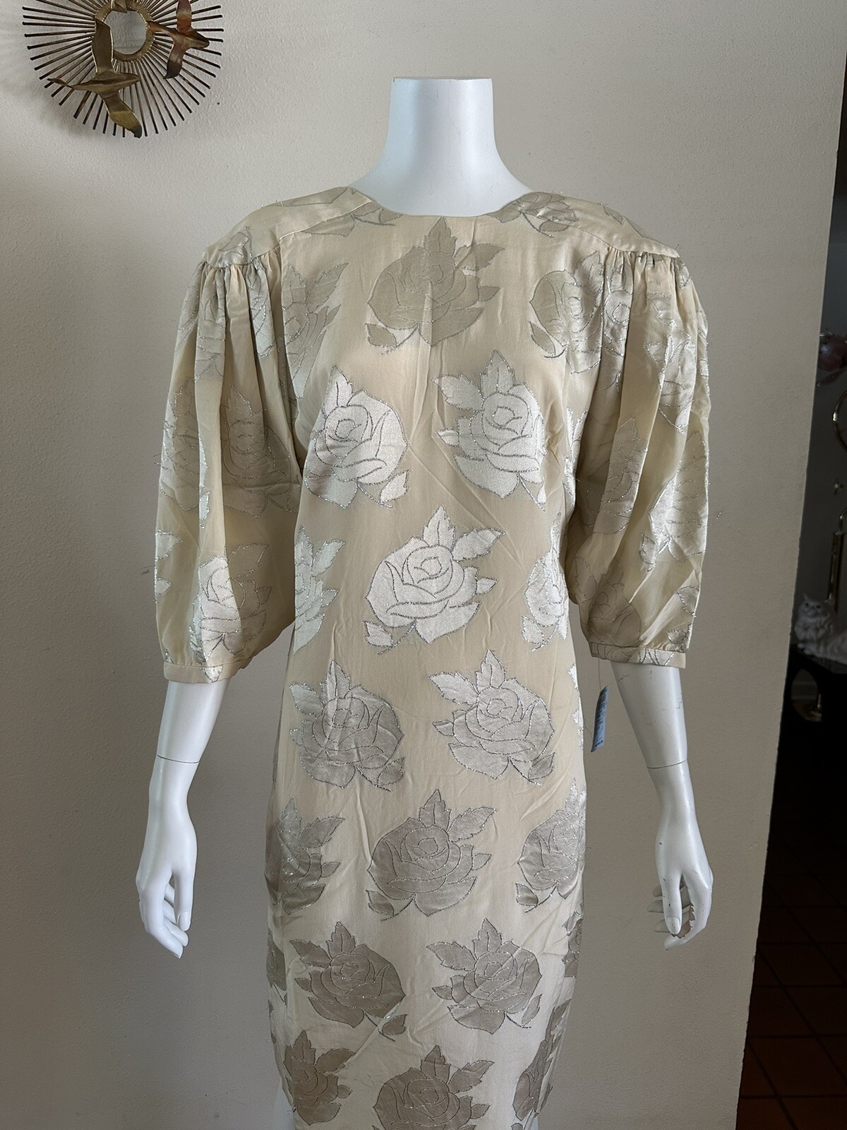 1980s Hanae Mori Silk Dress Metallic Rose Damask Bow Frost Bros VTG