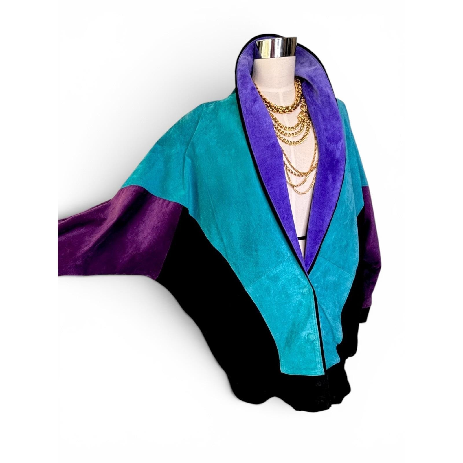 Rare Vintage Mary Hoffman Black, Teal, Purple Suede Color Block Suede Jacket M