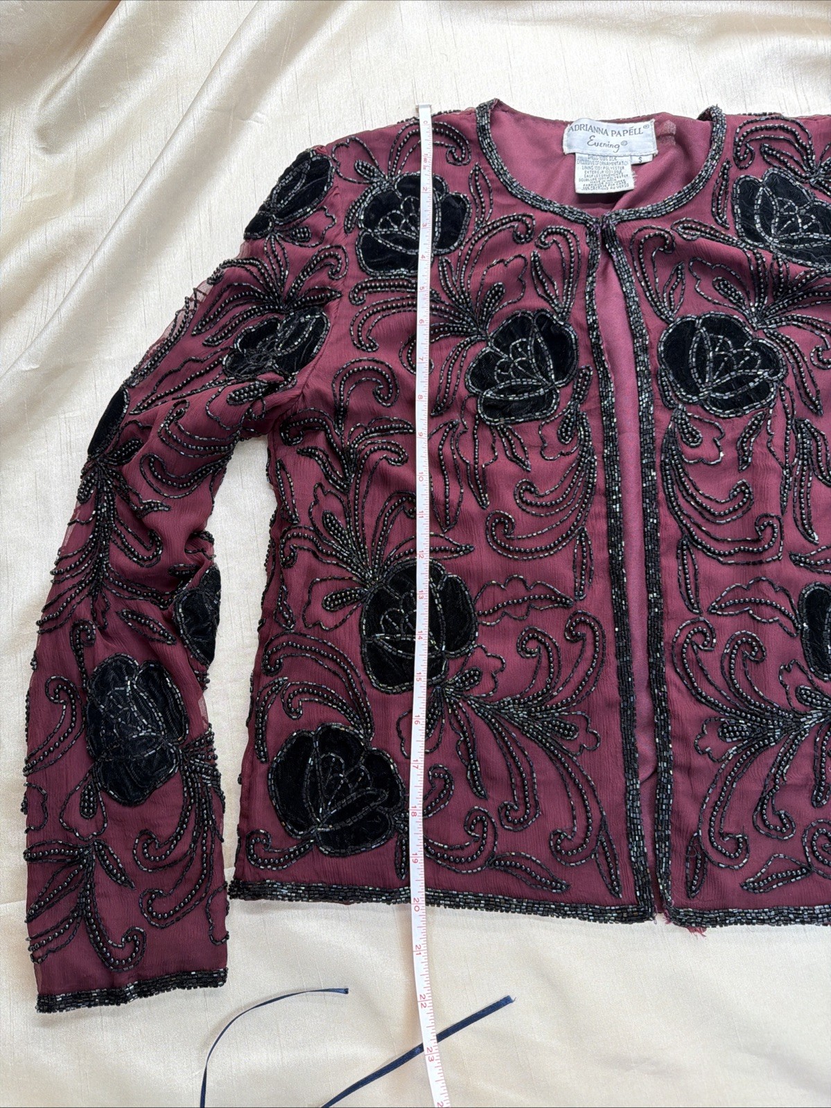 Adrianna Papell Silk Beaded Ornate Evening Jacket Small Burgundy Black Velvet