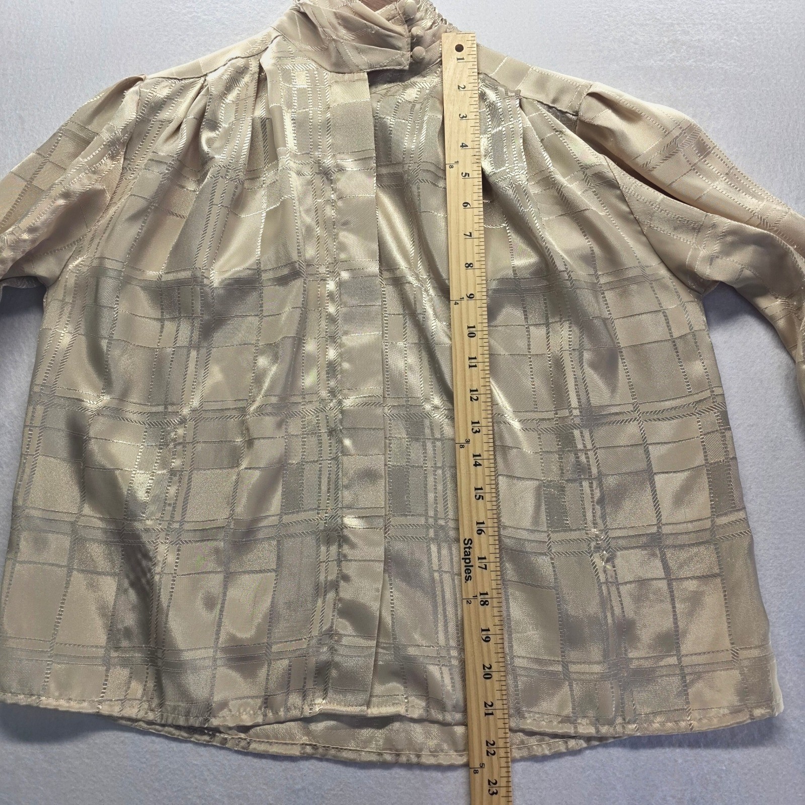Yves St Clair Petites Vintage Champagne Metallic Plaid High Neck Blouse 4P