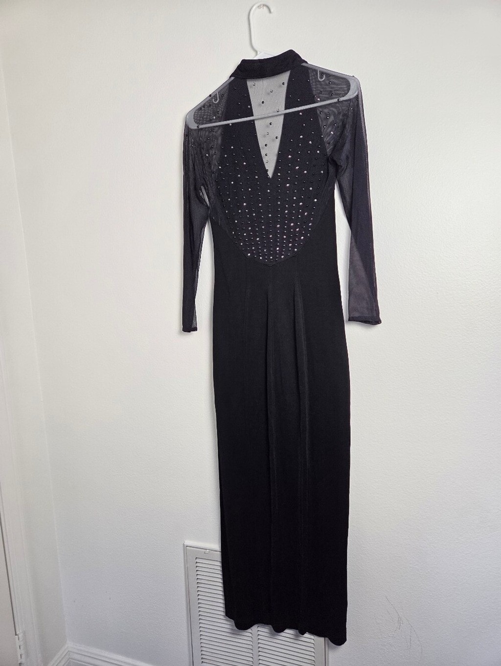 Vintage Tadashi Shoji Black Long Sleeve Mesh Gown with Crystal Accents Small