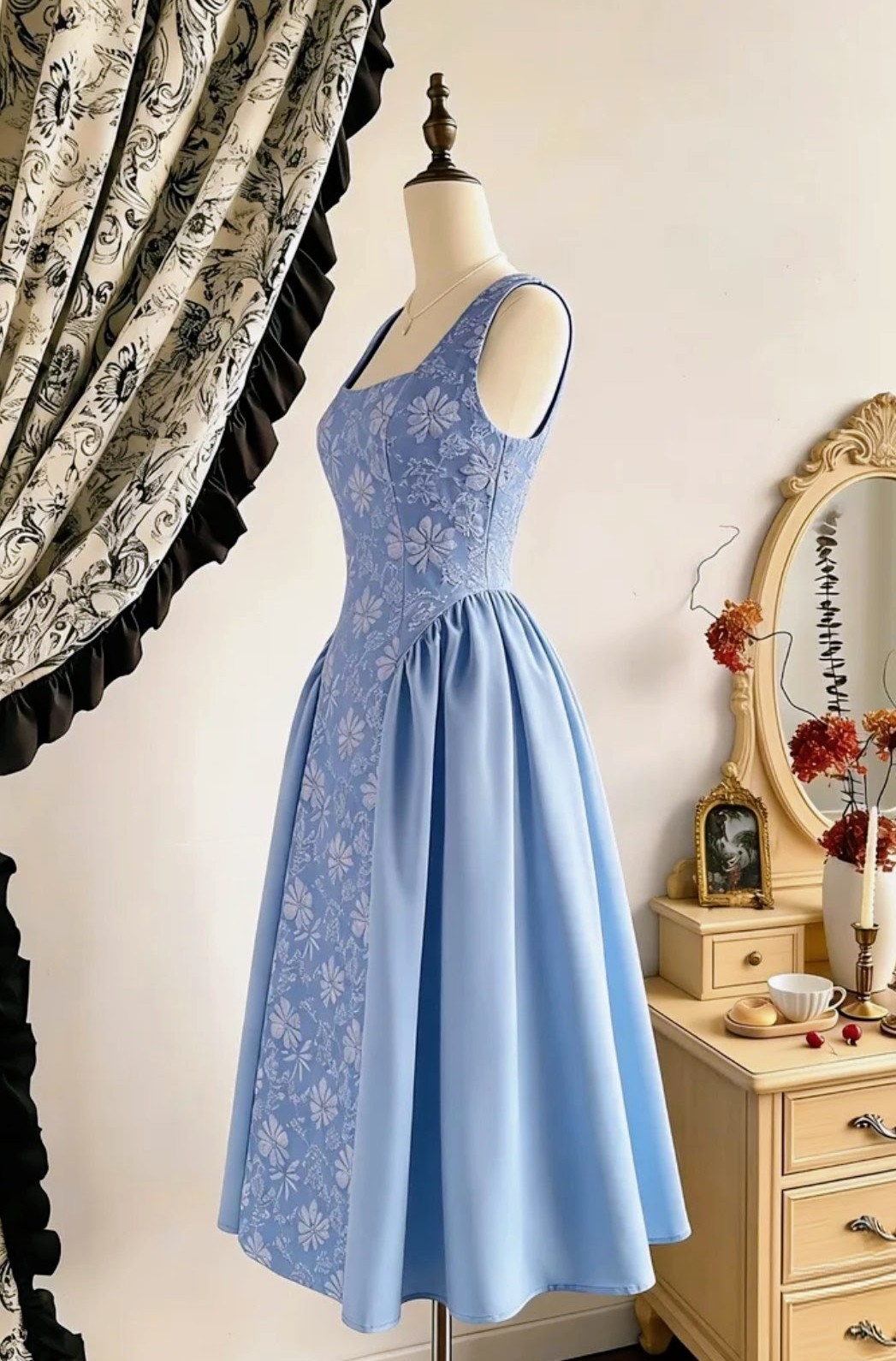 Vintage Light Blue Floral Designs Midi Dress