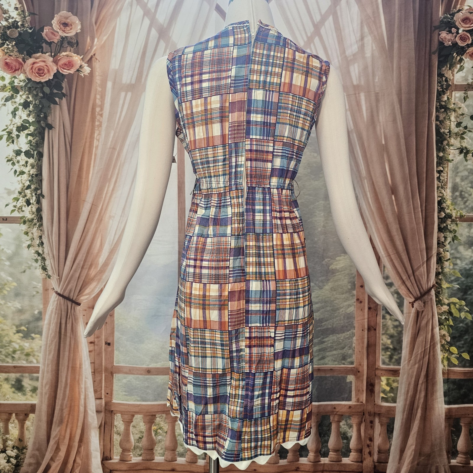 Vintage DEADSTOCK 1960’s Dress Fitted Patchwork Print Scalloped Hemlime NWT