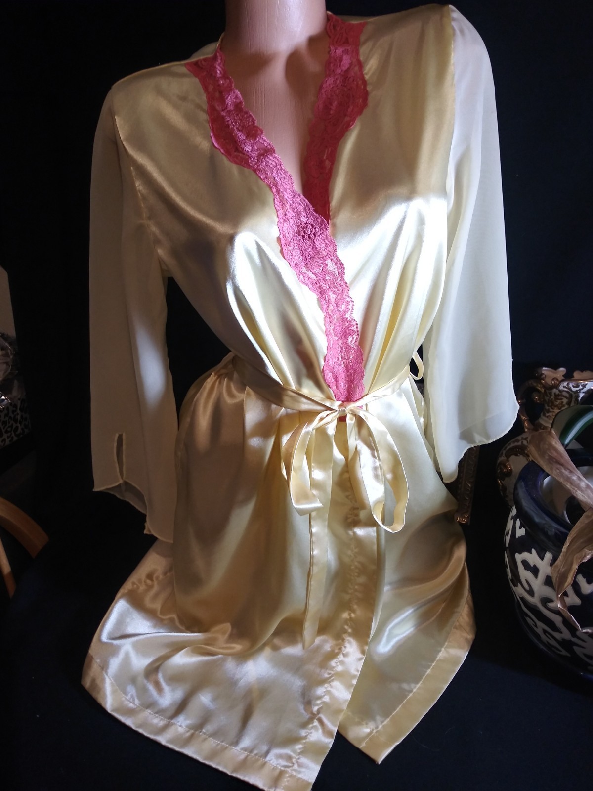 Vtg Satin Sunshine Yellow Nightie Dress Cheer Slv Dressing Gown Sexy Robe S