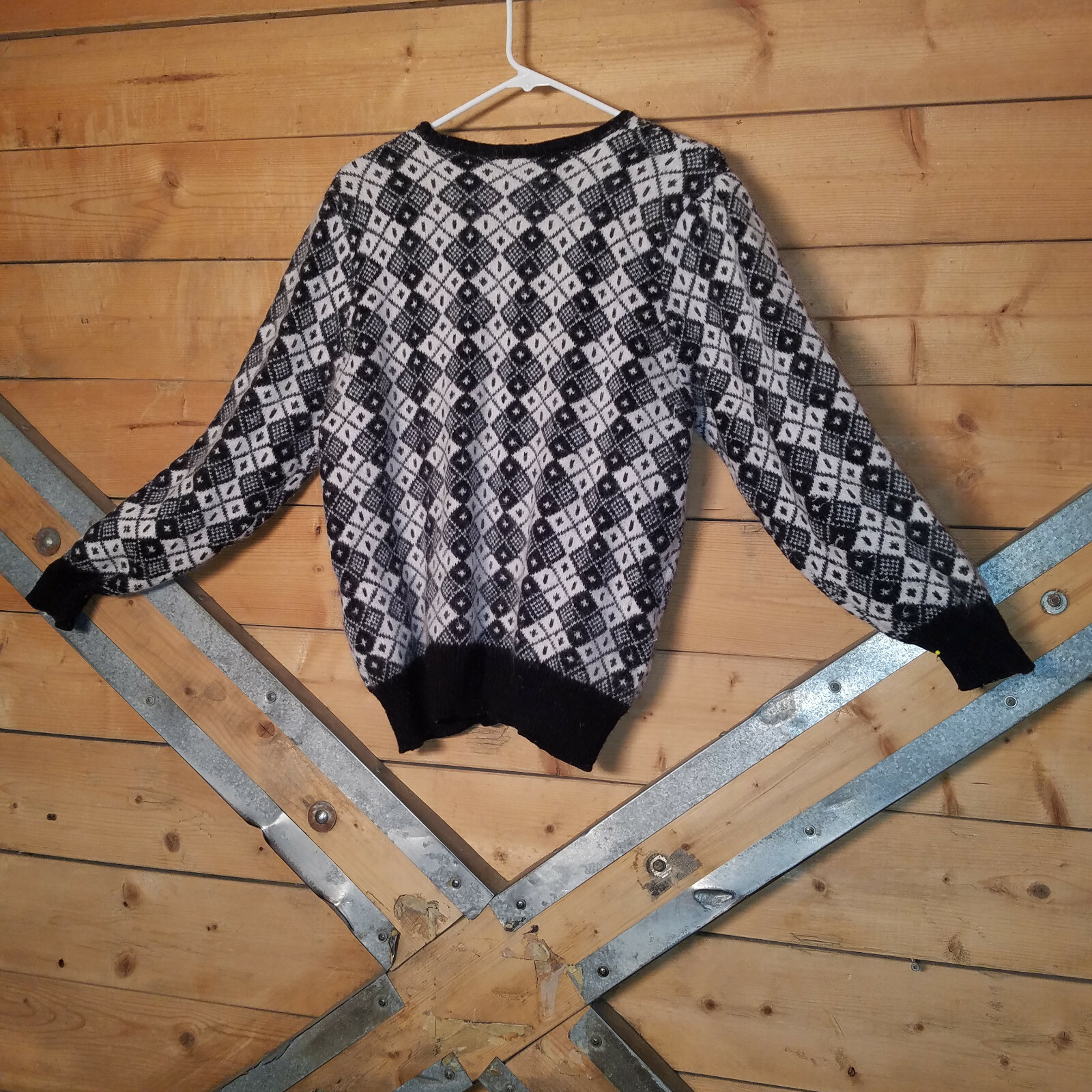 Large Black and White Sweater with Diamond Pattern by Golden Gate – Swanky Barn