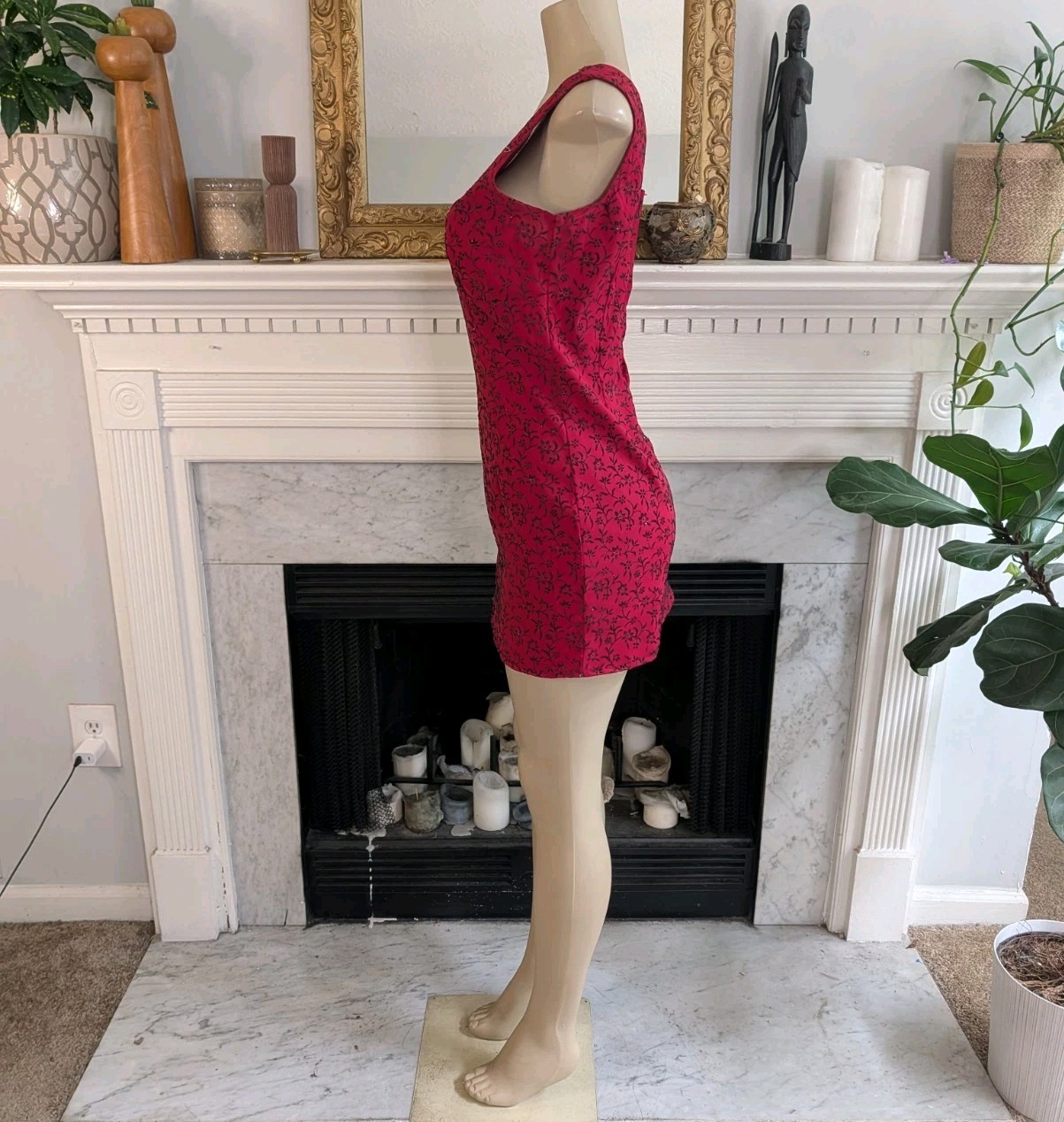 Vintage 80s Red Black Faux Wrap Mini Dress Size S Floral Flocked Silver Glitter