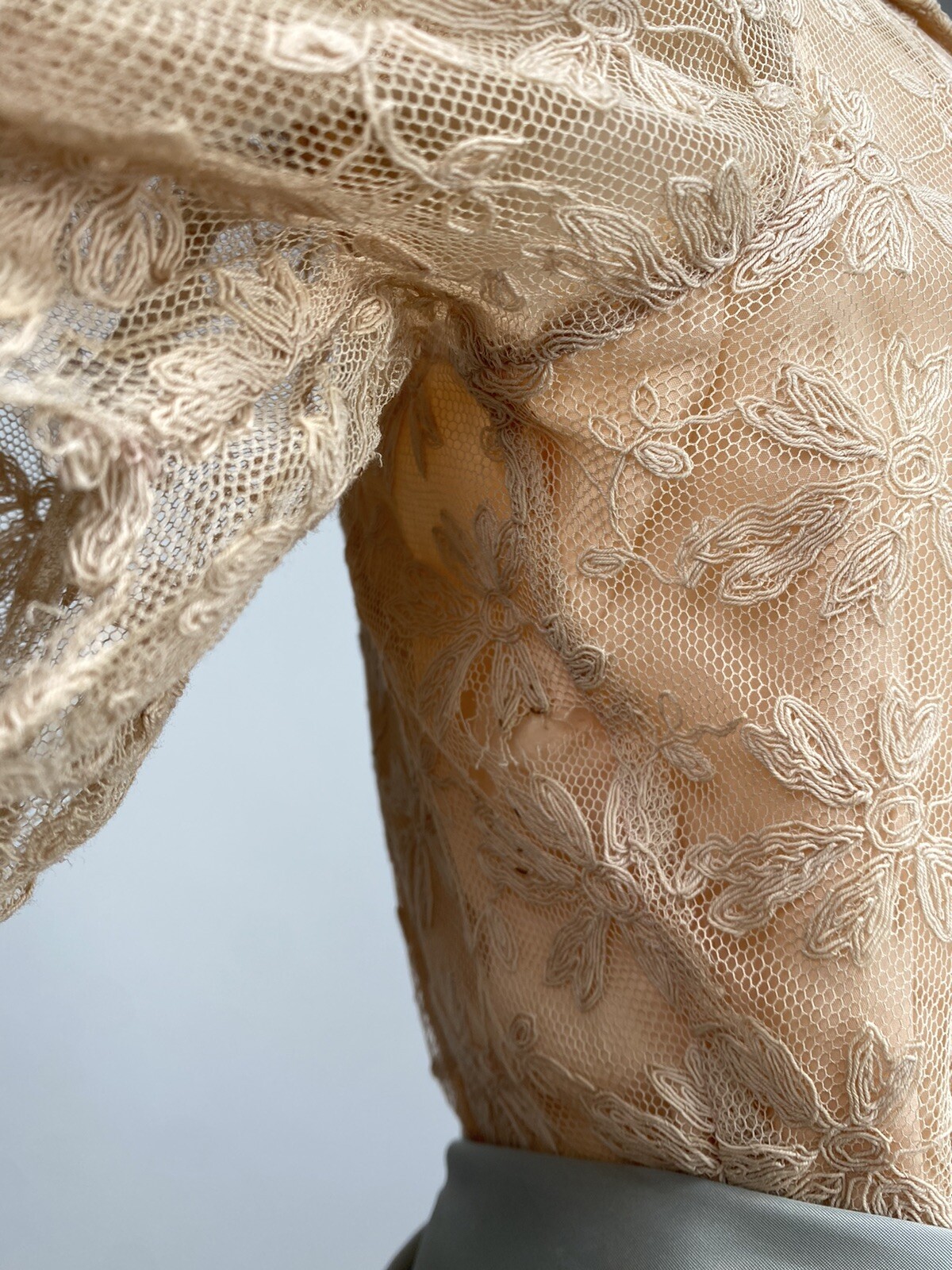 Antique 1930s Pale Blush Pink Net Lace Sheer Robe With Blue Ribbon Tie AS IS