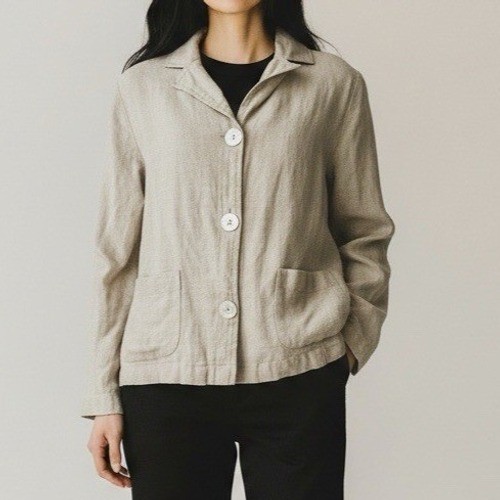 Vintage Jacket 8P Beige 100% Linen Shell Button Cinch Patch Pocket Minimalist