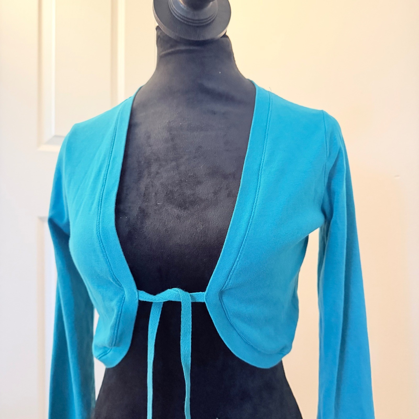 Vintage TRF Tshirt Co Teal Babydoll Half Cropped Sweater Tie Front Y2K SZ M