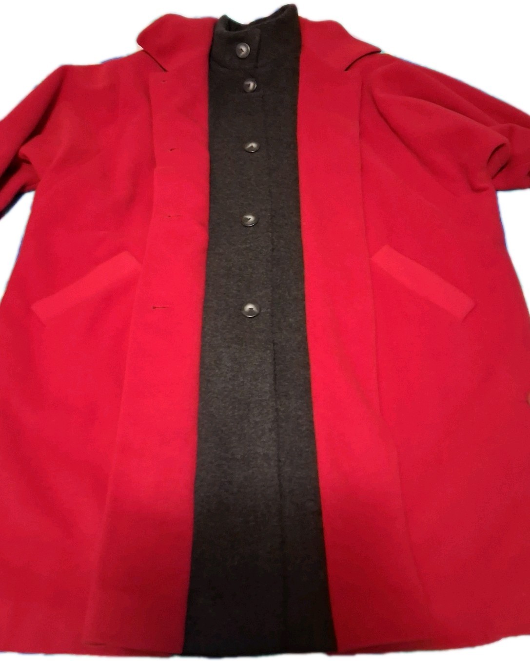 Rare Linda Richards 80s 100%Wool Coat Red Gray Double Lapel Oversized Maximalist