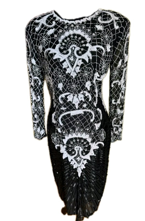 Vtg Swee Lo Art Deco Evening Dress XL Measures Med Black White Sequin Beaded