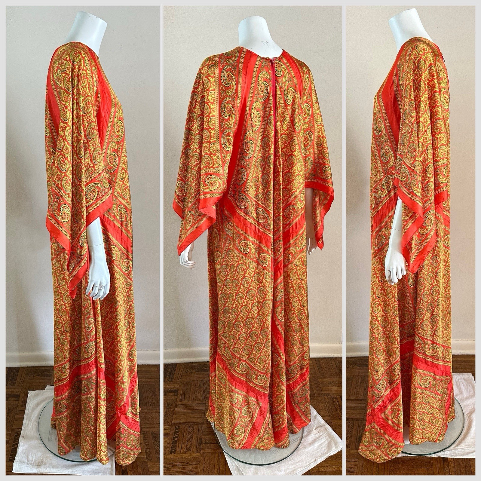 70s VTG Mexican Aramis Scarf Caftan Dress 63” Extra Long Tall Maxi Angel Sleeve