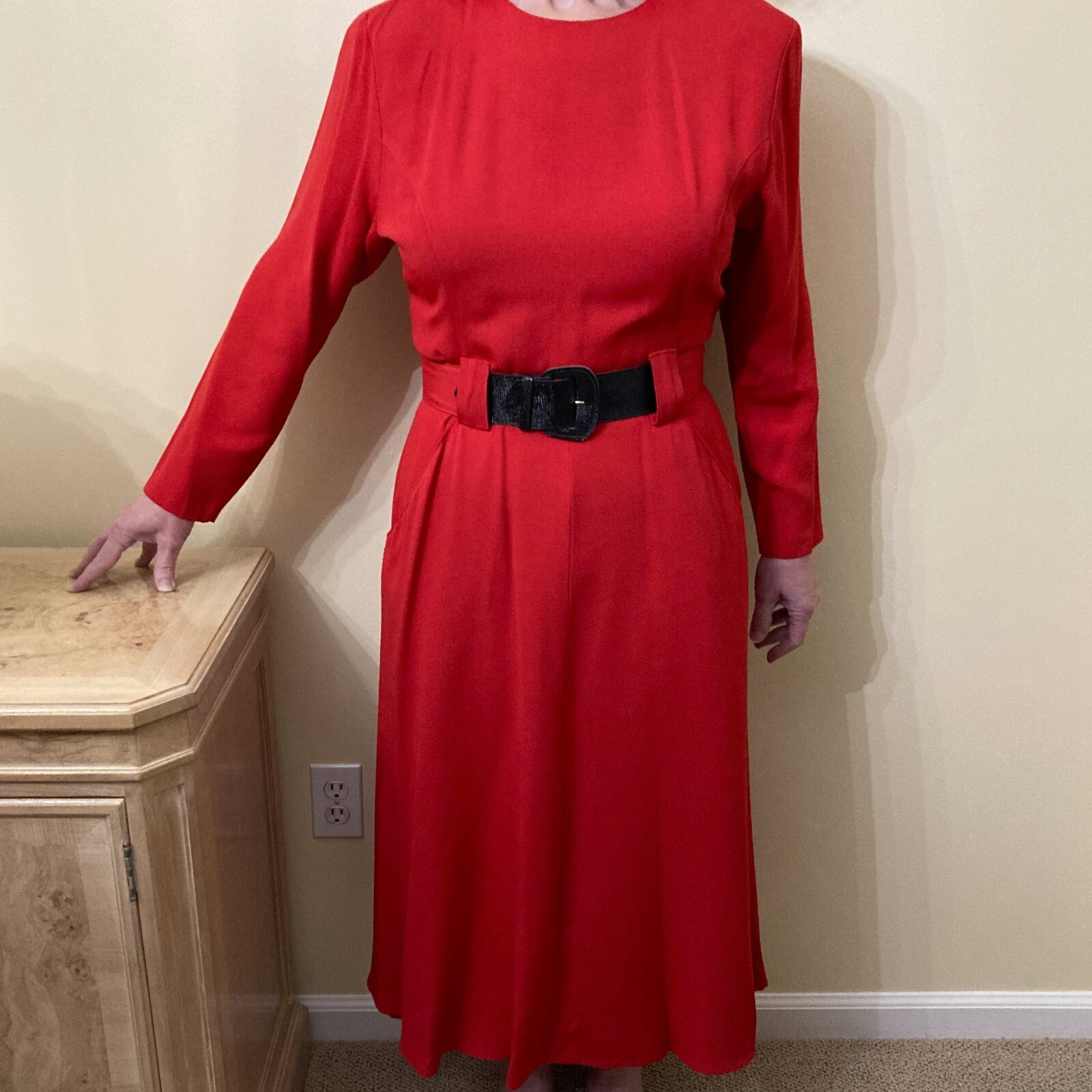 VINTAGE 1980s John Roberts Red Power Dress Long, with Shoulder Pads Sz 14