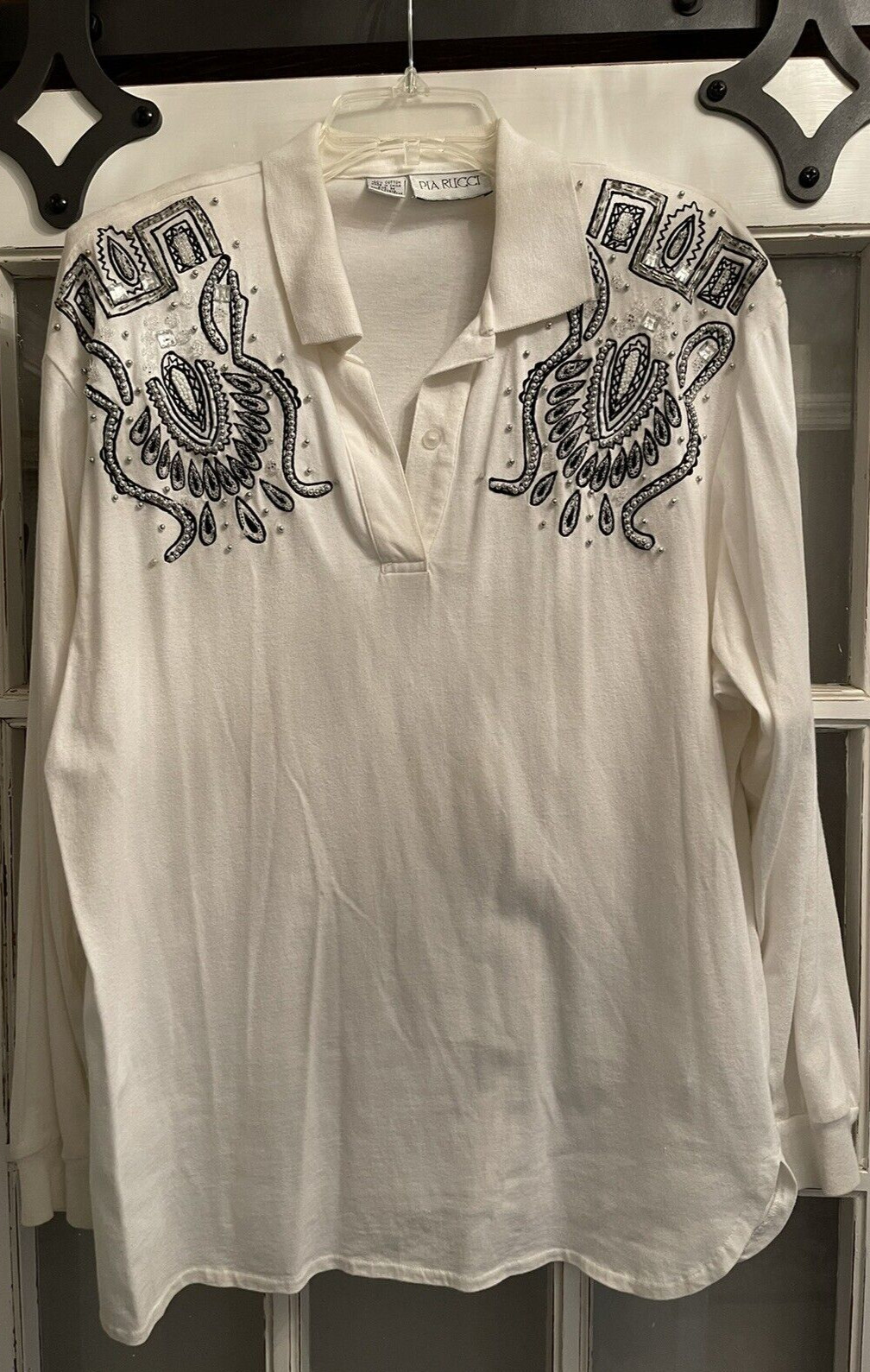 Vintage Pia Rucci Top Medium Embroidered Beaded Shoulder Pads White