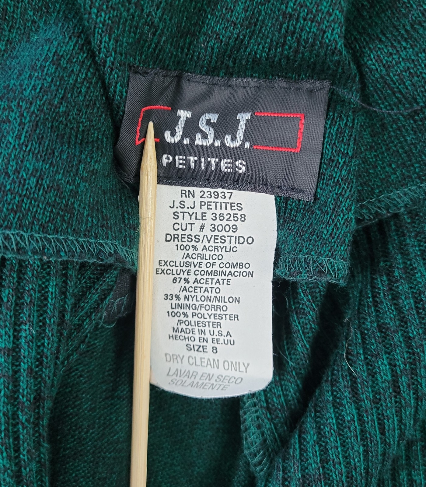 Vintage JSJ Petites Green & Black Empire Dress w Black Velvet Accents Size 8