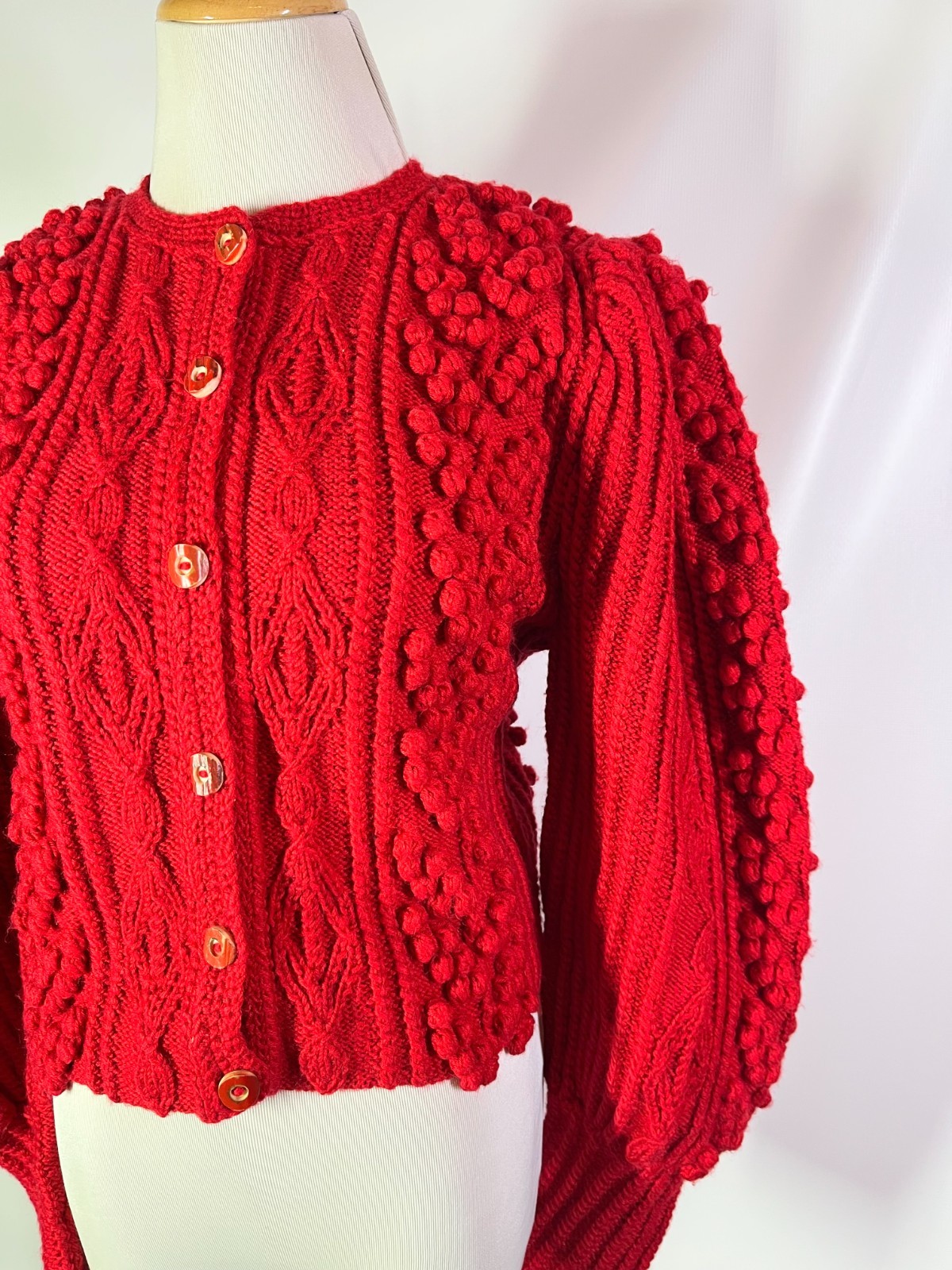 Vintage Gilca Putz Thick Wool Red Cardigan Sweater Pom Poms