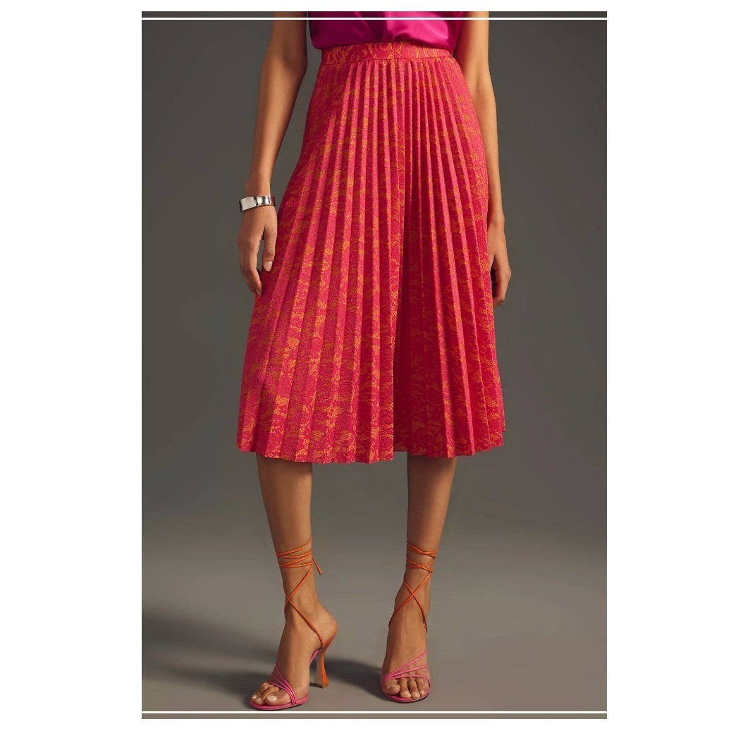 Anthropologie Maeve Pleated Midi Skirt XS Pink Orange Boho EUC