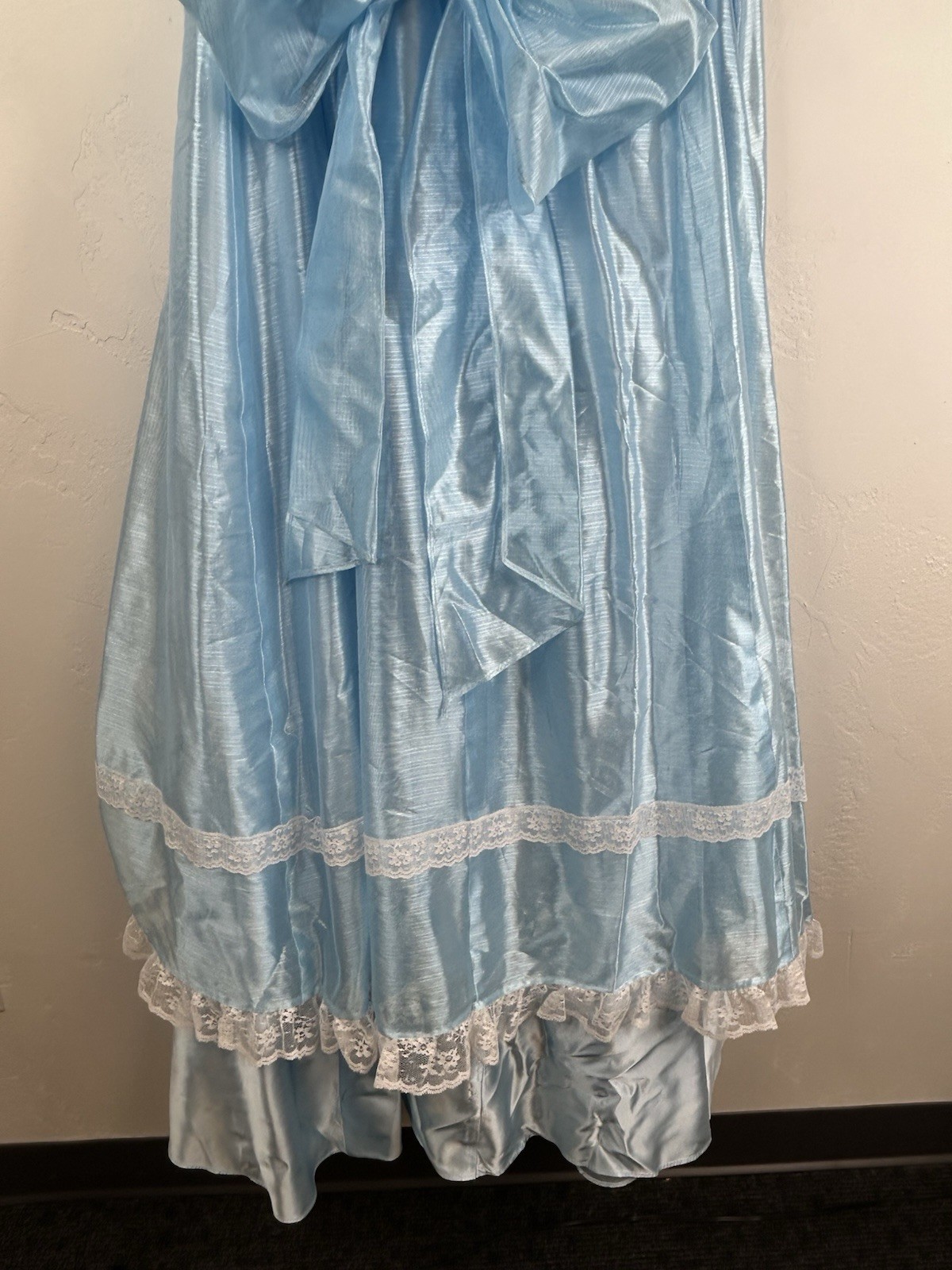 Vintage 70s Formal Blue Satin Gown Lace Trim Bows Princess Theatrical Costume