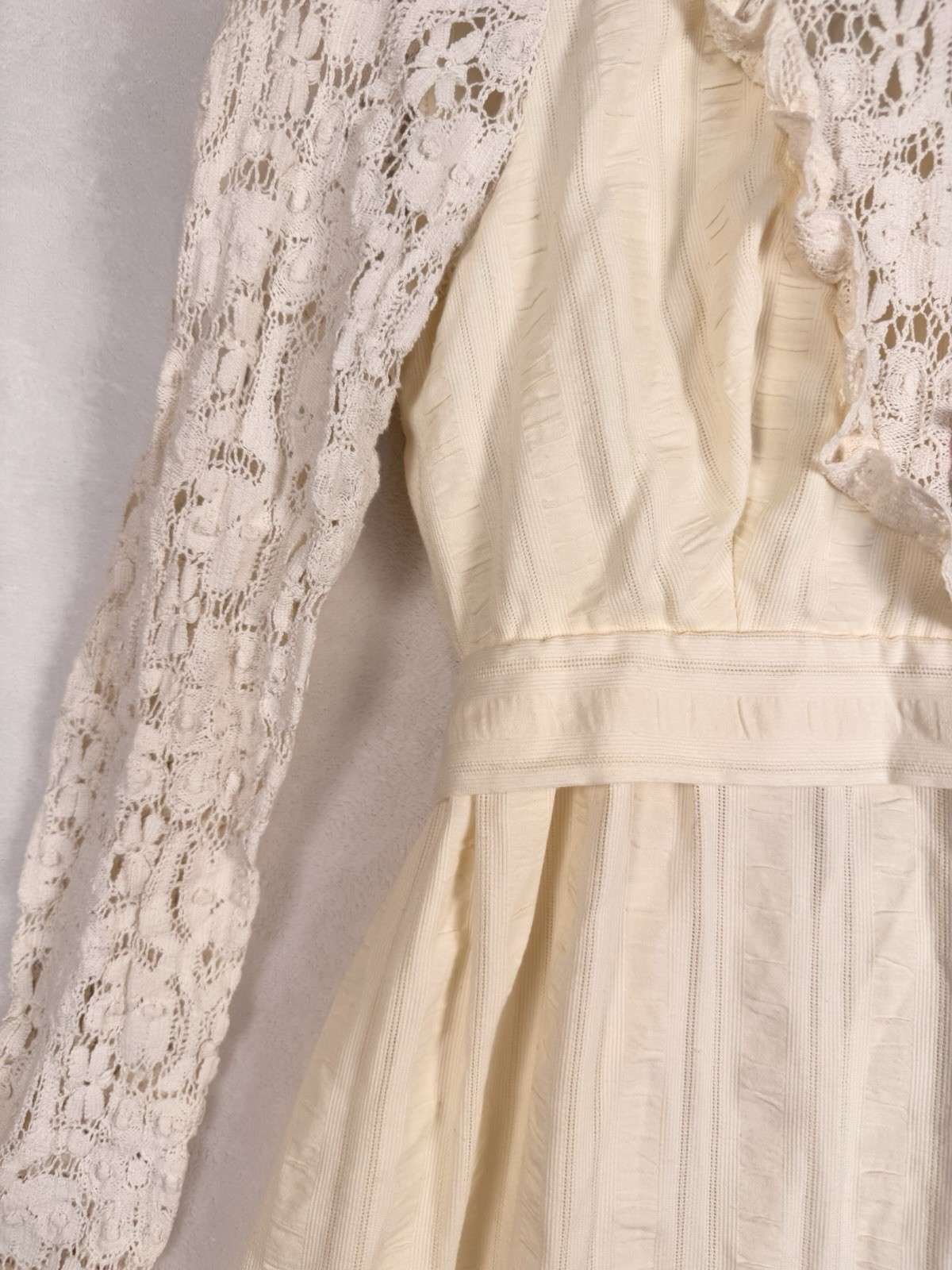 Vintage 70s Prairie Maxi Dress Cream Lace Edwardian Revival Embroidered Rose XS