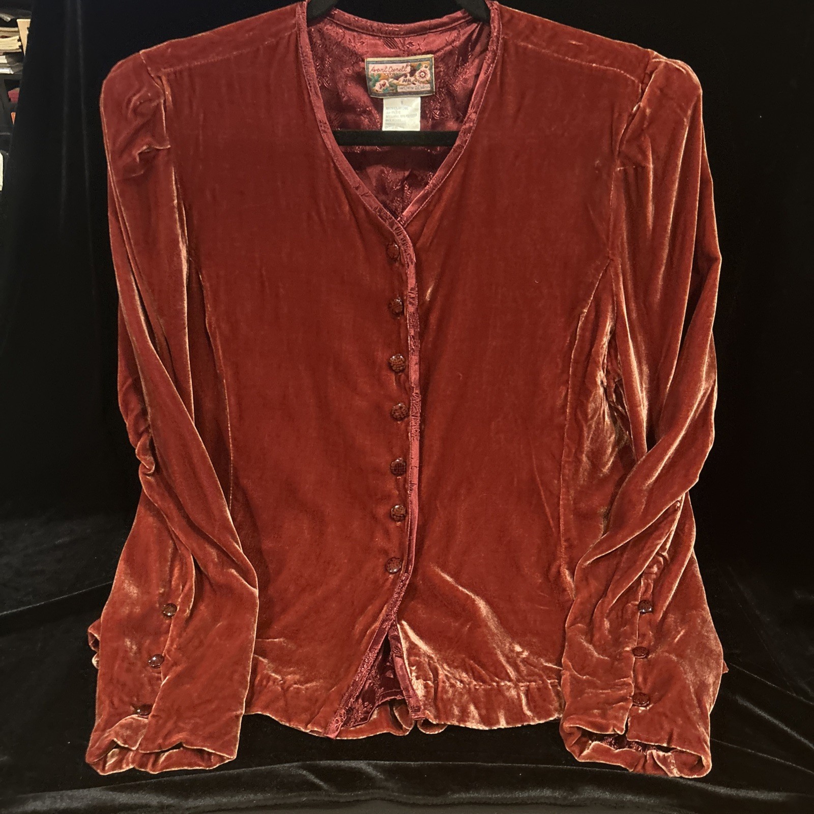 Vintage April Cornell Red Velvetine Coat Rauching & Button Accents Size S